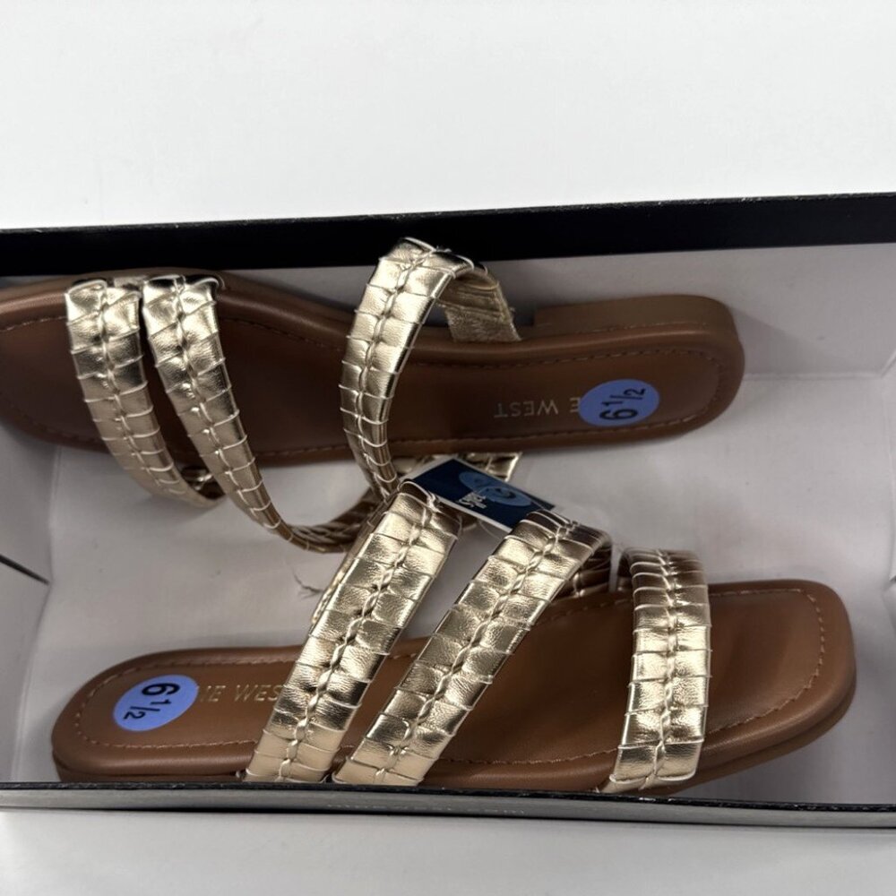 Nine West Sandals Womens 6.5 Gold Strappy Slip On Slide Woven Flat Shiny NEW